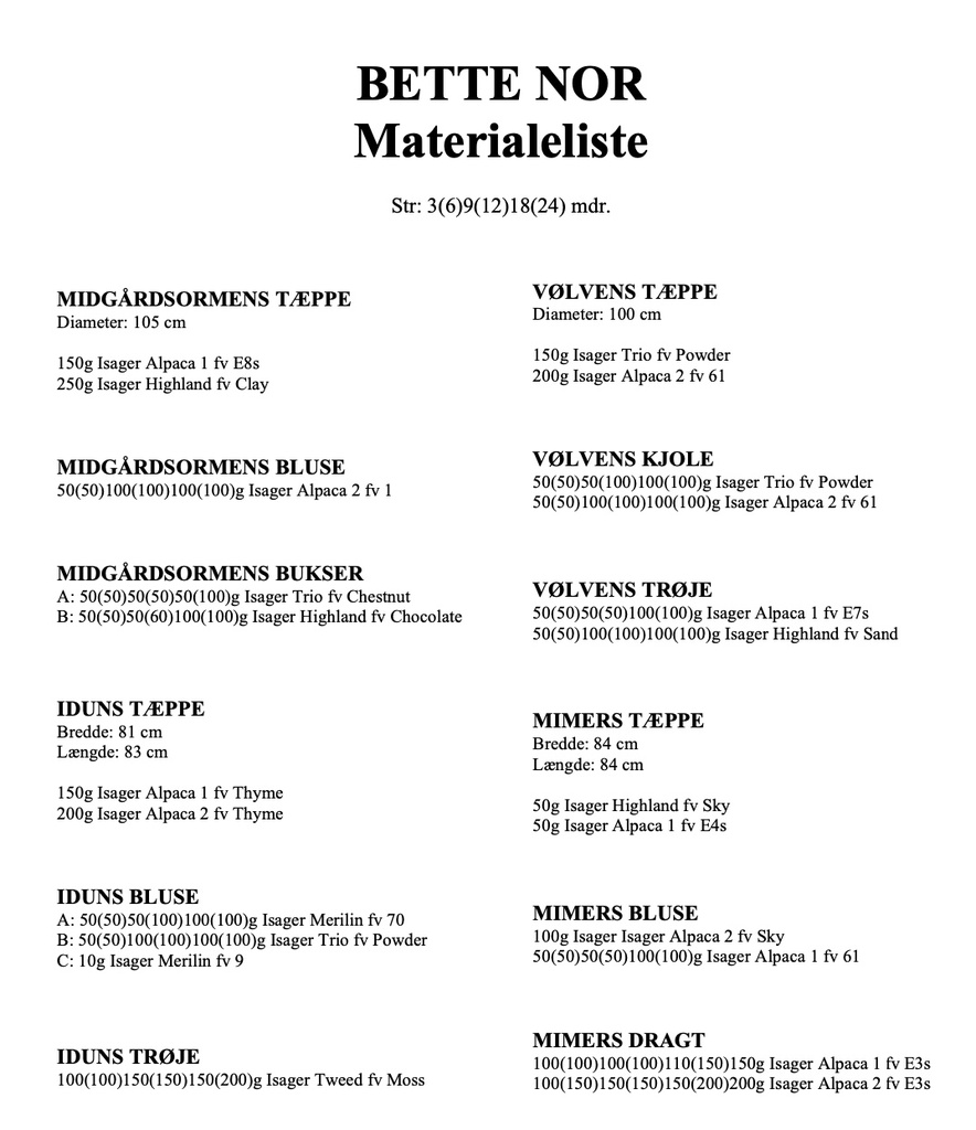 Materialeliste Bette Nor